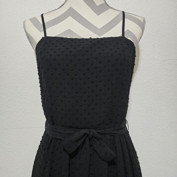 AQUA Black Midi Dress Swiss Dot Lace Inset Handkerchief Hem Tie Waist Small - Picture 3 of 15